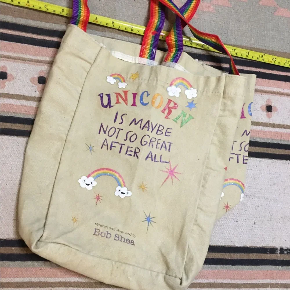 Unicorn is maybe not so great book Large tote bag rainbow strap